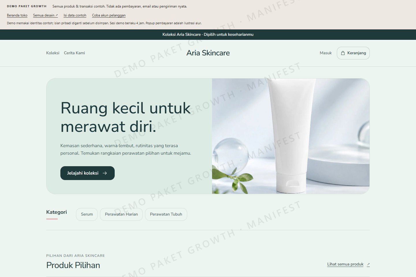 Tampilan toko contoh Aria Skincare
