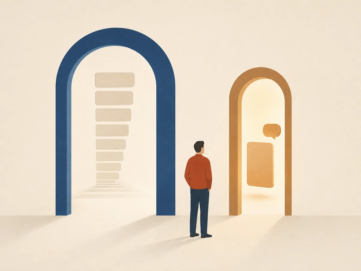Ilustrasi dua pintu: pintu biru yang lebar berisi deretan hasil pencarian, dan pintu perunggu yang jauh lebih sempit berisi satu jawaban tunggal &mdash; seorang pemilik usaha berdiri di antaranya