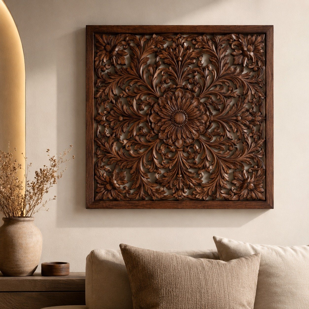 Hiasan Wall Art Kayu Mahoni warna krem
